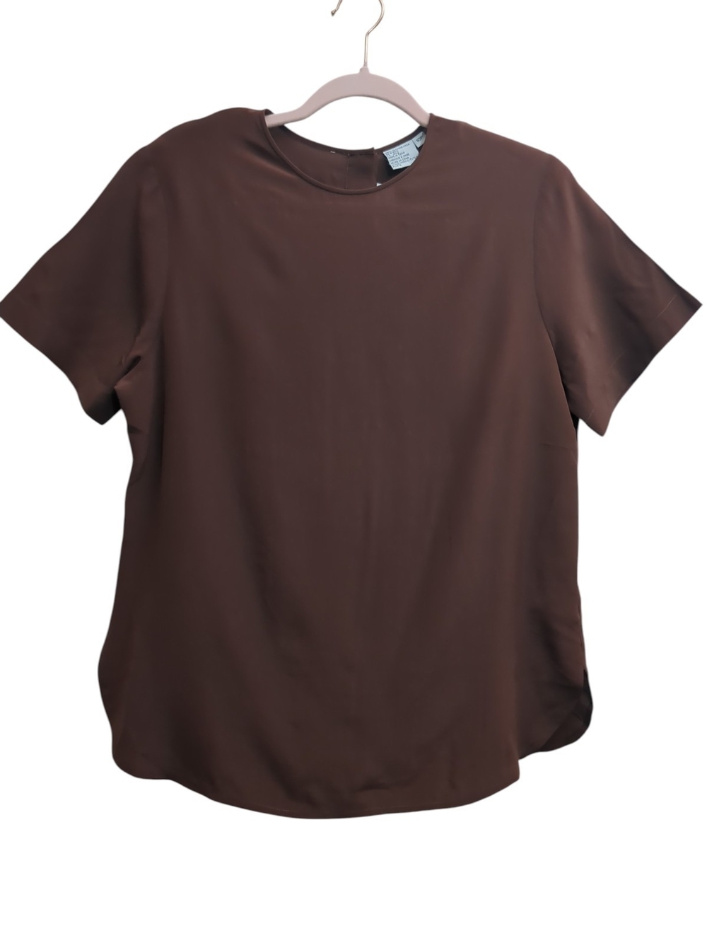 Vintage 100% Silk Expresso Brown Blouse Short Sleeve Sz 10P Quiet Luxury Fall